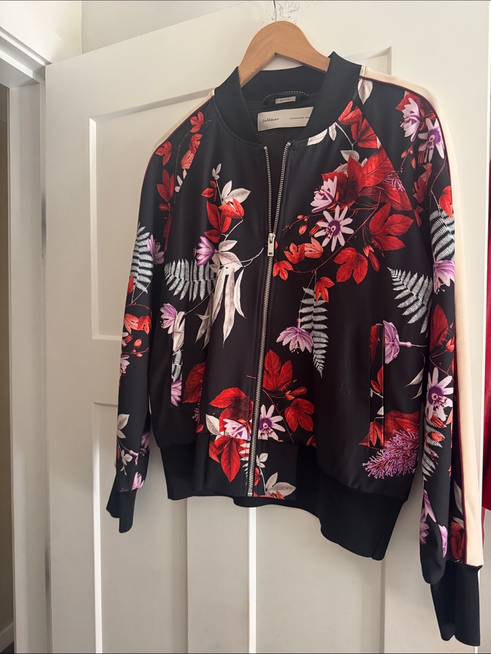 Floral Zip-Front Bomber Jacket - Black with Red & Pink Floral